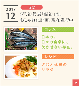 2017/12【さば】ジミ缶代表「鯖缶」の、おしゃれ化計画、現在進行中。【コラム】日本の、日々の食卓に、欠かせない存在。【レシピ】さばと林檎のサラダ