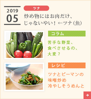 2019/05【ツナ】炒め物にはお肉だけ、じゃないやい！←ツナ（魚）【コラム】苦手な野菜、食べさせるの、大変？【レシピ】ツナとピーマンの味噌炒め　冷やしそうめんと